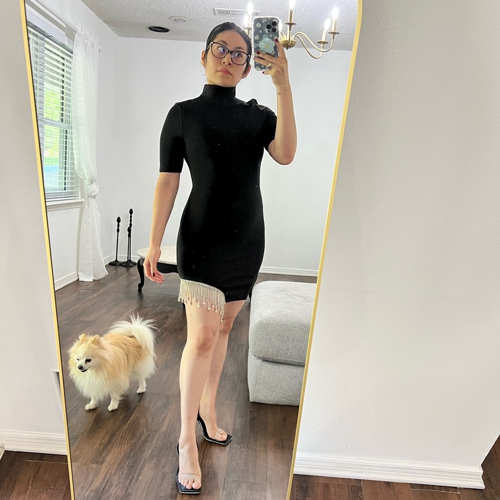 Black Mock-Neck Bandage Bodycon Mini Dress with Rhinestone detail on right side - Picture 4 of 11